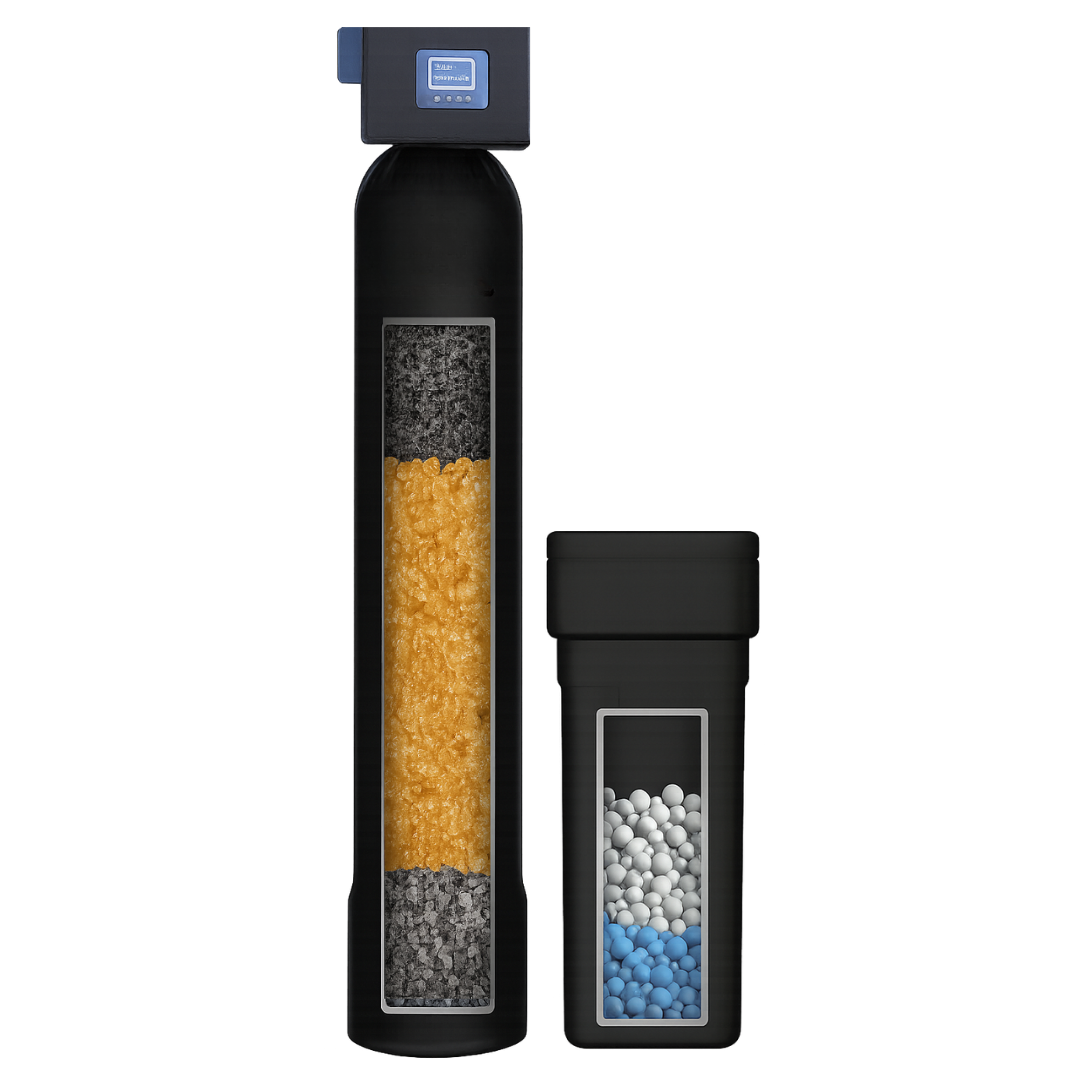 Tranquil water softener with chlorine filtration two-tank system